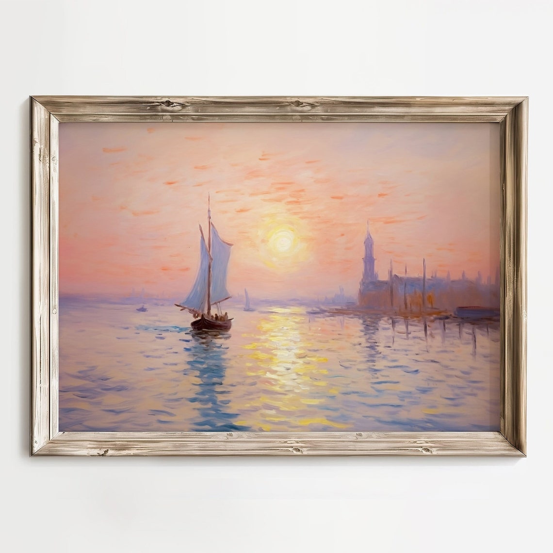 Impressionist Sunrise Over Harbor With Sailboat And Reflections Poster