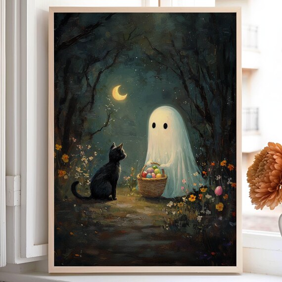 Ghost With an Easter Basket and Black Cat by Moonlight Poster