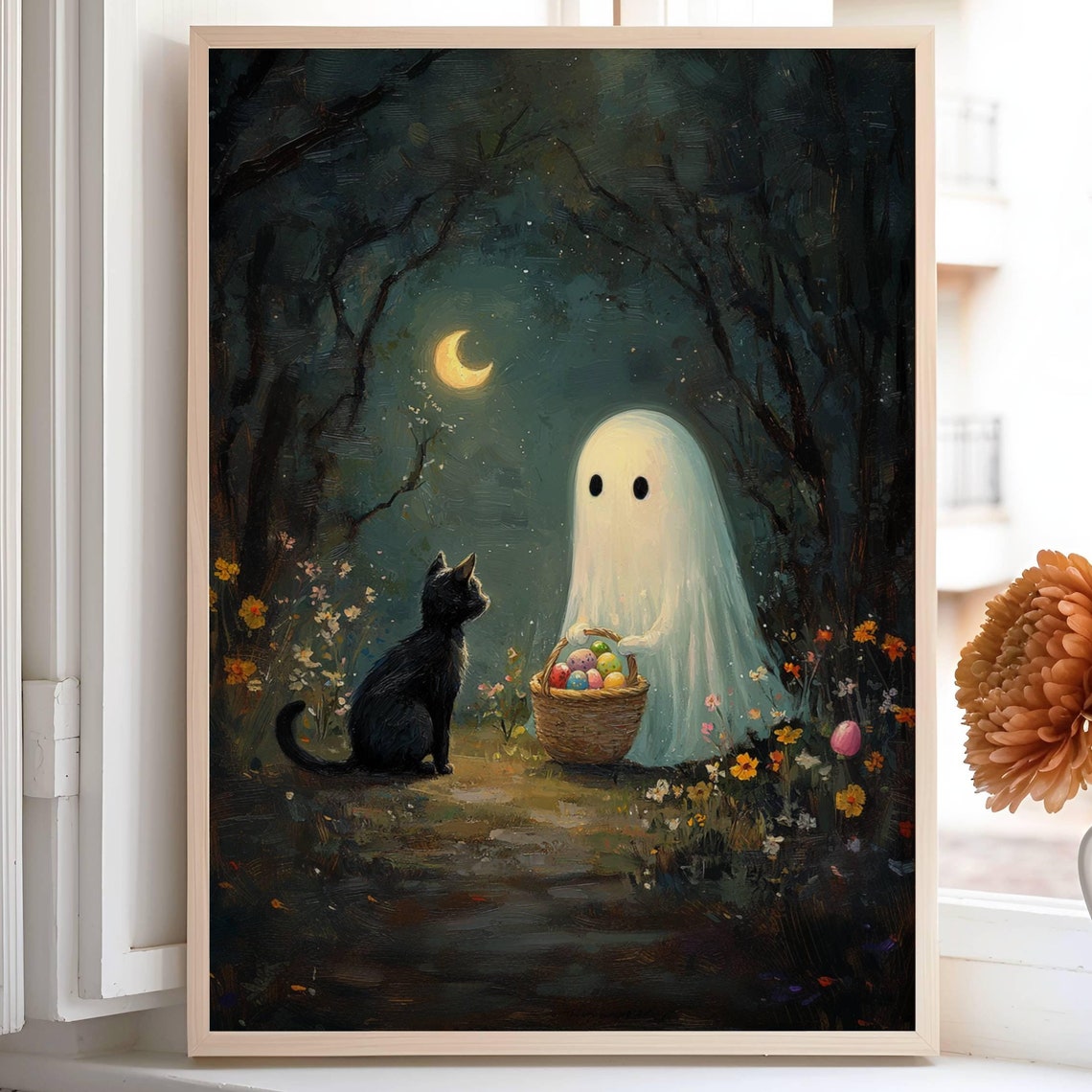 Ghost With an Easter Basket and Black Cat by Moonlight Poster