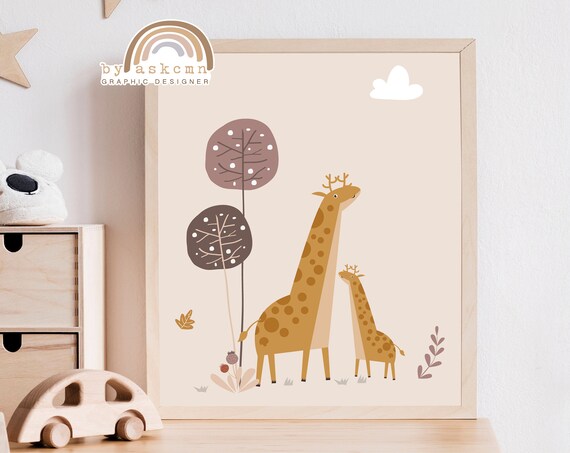 Sweet Cute Giraffe Mama and Baby Safari Nursery Kids Room Poster