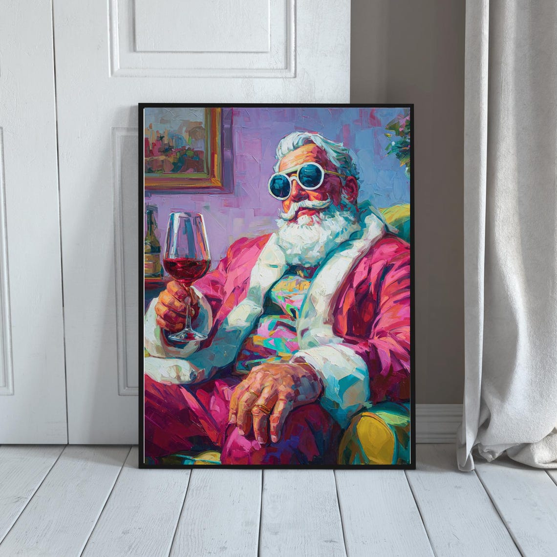 Funky Santa Claus Holding Wine Glass Pop Art Christmas Poster