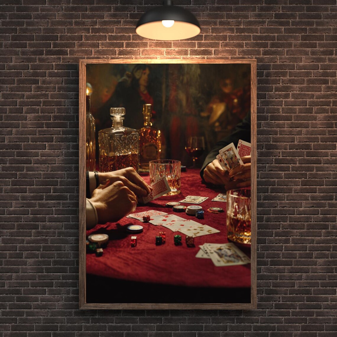 Vintage Poker Night Photo Whiskey Cards Dice on Red Felt Bar Wall Poster