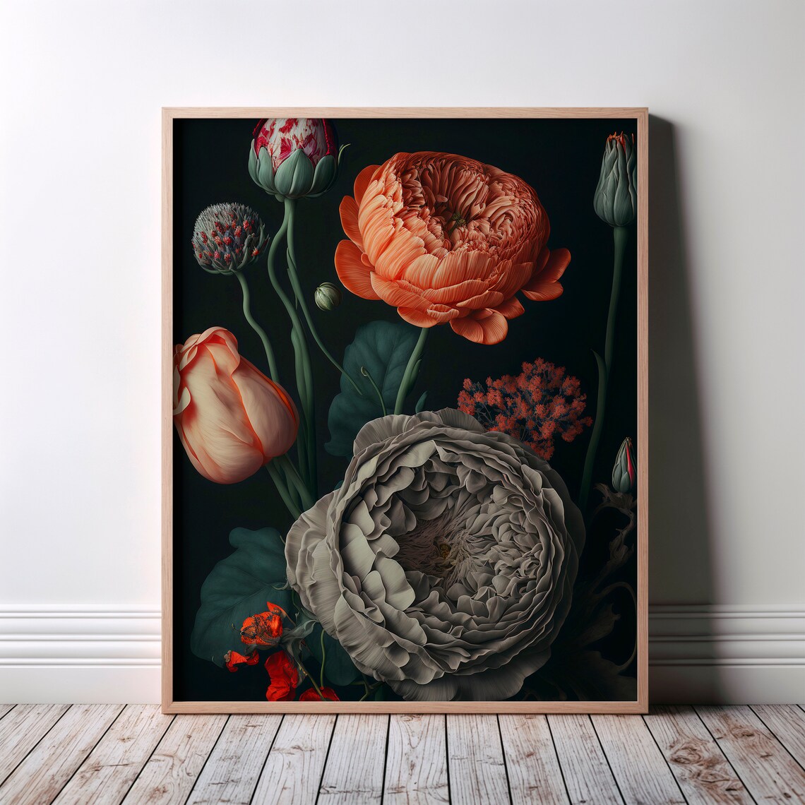 Moody Dark Floral Still Life Orange Ranunculus Vintage Style Poster