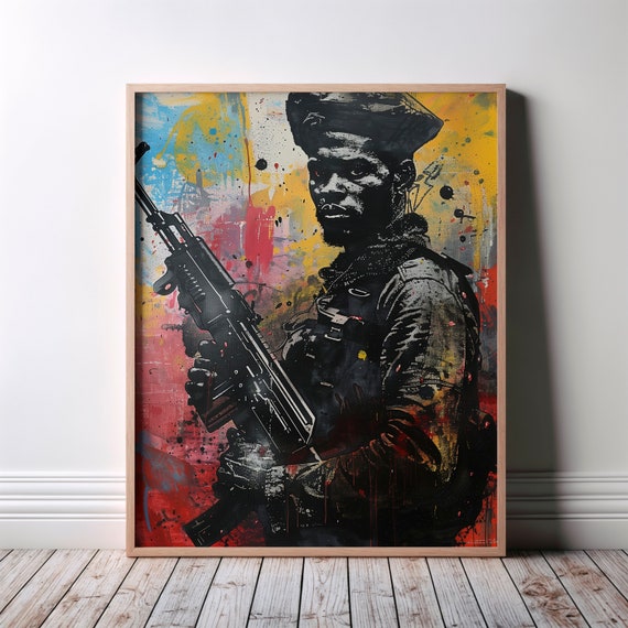 African Art Poster Black Empowerment Courageous Defender Contemporary Colorful Soldier
