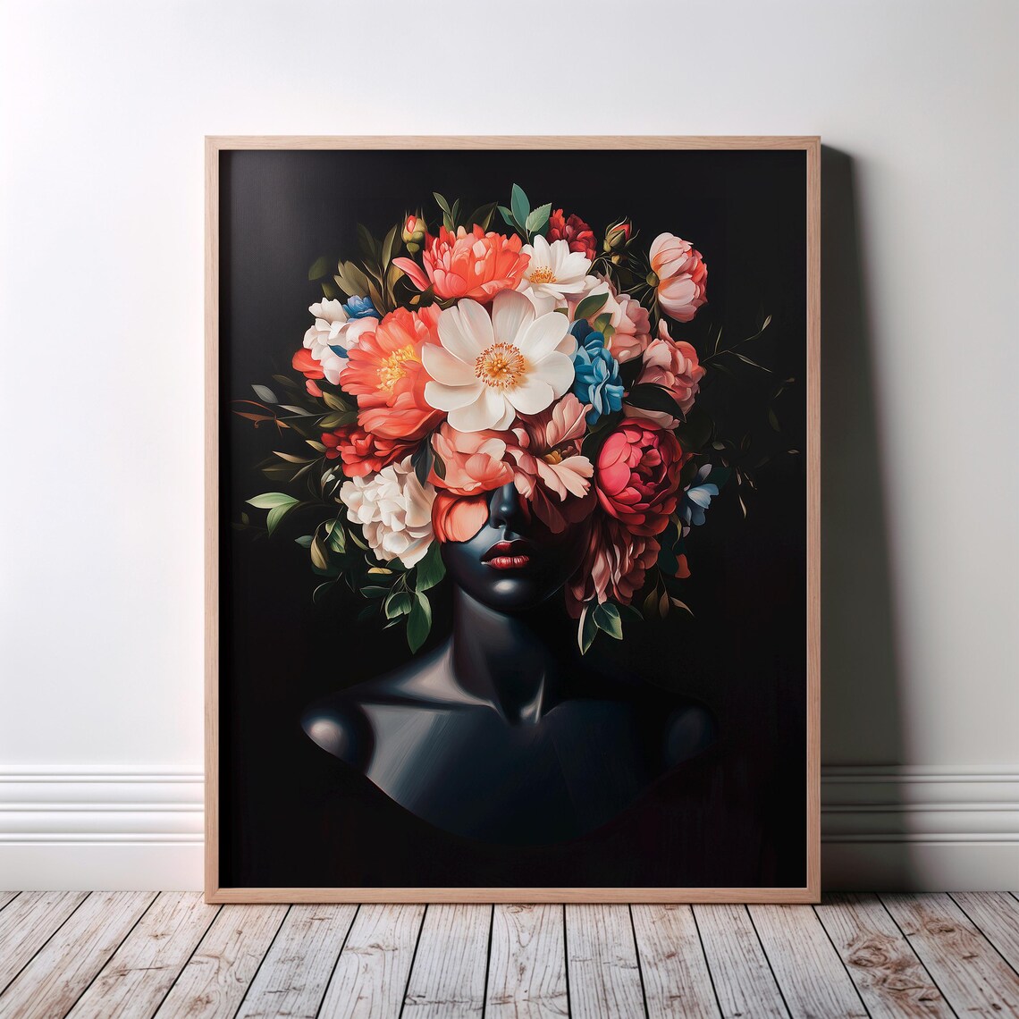 Black Bust Woman Floral Crown Blossoms Moody Portrait Art Poster