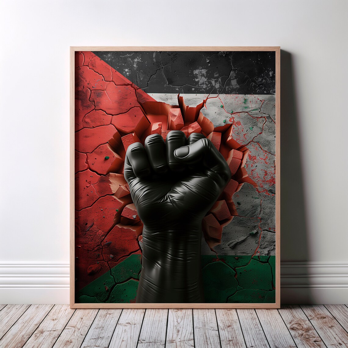 Palestine Flag Broken Wall Black Fist Solidarity 3D Art Poster