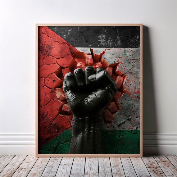 Palestine Flag Broken Wall Black Fist Solidarity 3D Art Poster