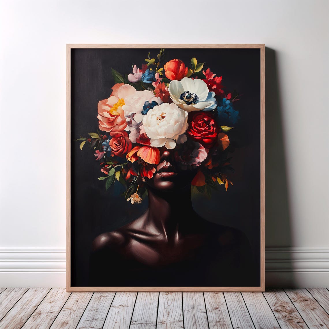 Floral Woman Portrait Blossoms Surrounding Face Dark Art Poster