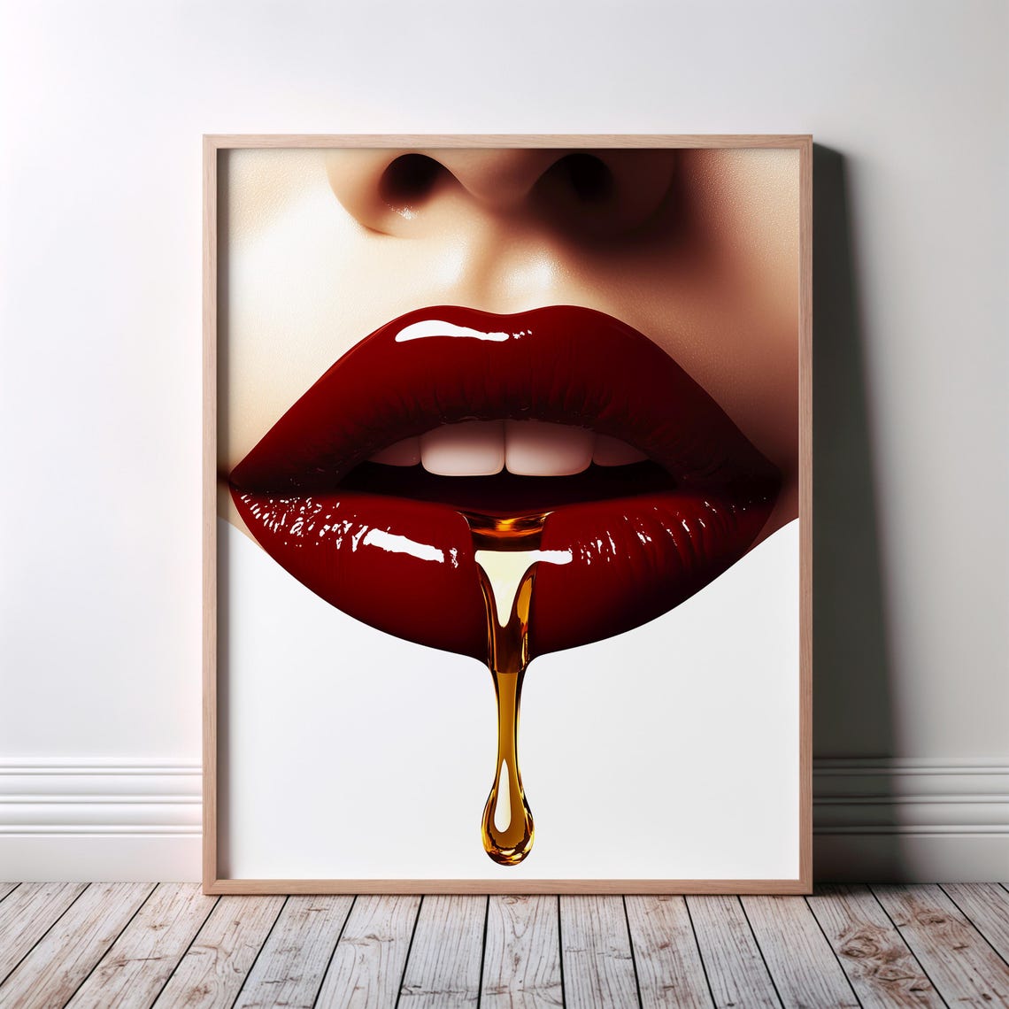 Glossy Red Lips Dripping Honey Minimalist Pop Beauty Art Poster
