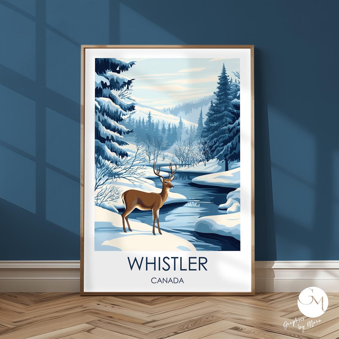 Whistler Canada Winter Forest Deer By Stream Travel Poster Art