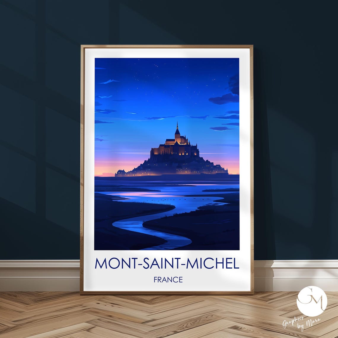 Mont-Saint-Michel France Moonlit Abbey Tidal Flats Illustration Poster