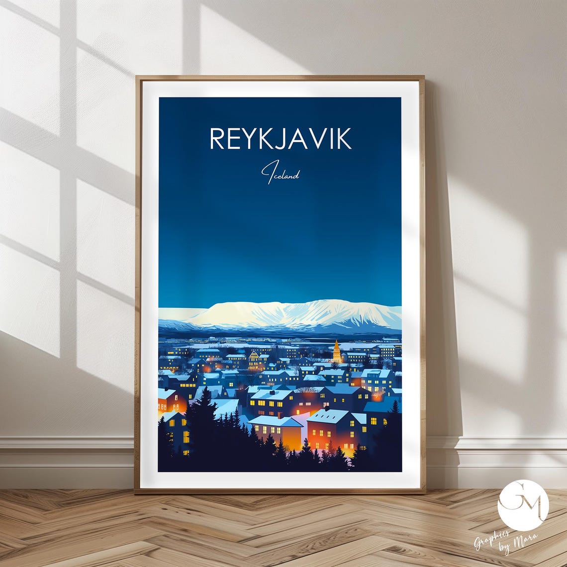 Reykjavik Iceland Winter Night Cityscape Snowy Mountain Travel Poster