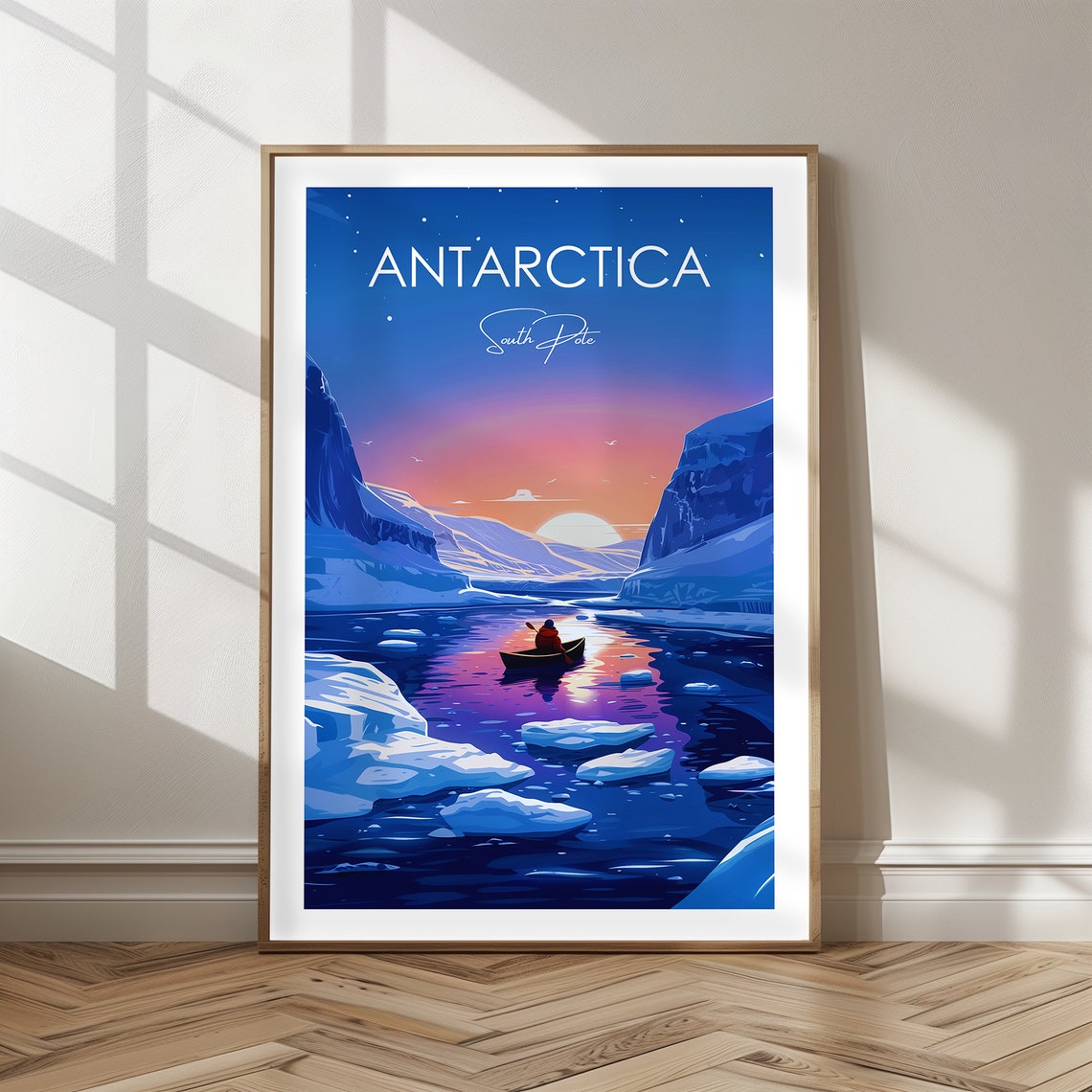 Antarctica South Pole Sunset Icebergs Lone Kayak Travel Poster