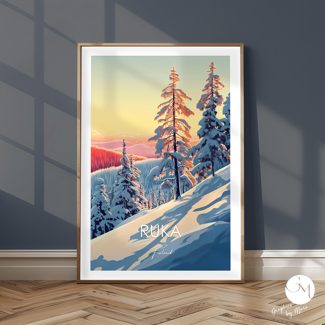 Ruka Finland Snowy Pine Forest Golden Sunset Winter Travel Poster