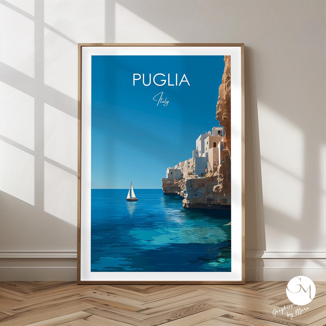 Puglia Italy Cliffside Coast With Sailboat On Blue Sea Poster