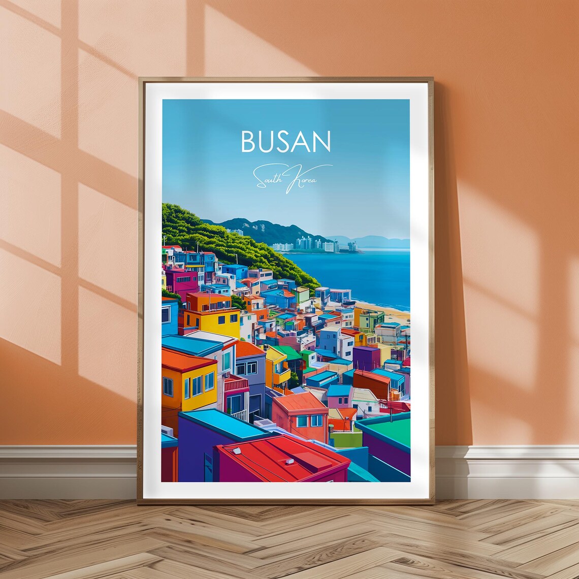 Busan South Korea Travel Poster, Cityscape Coastline
