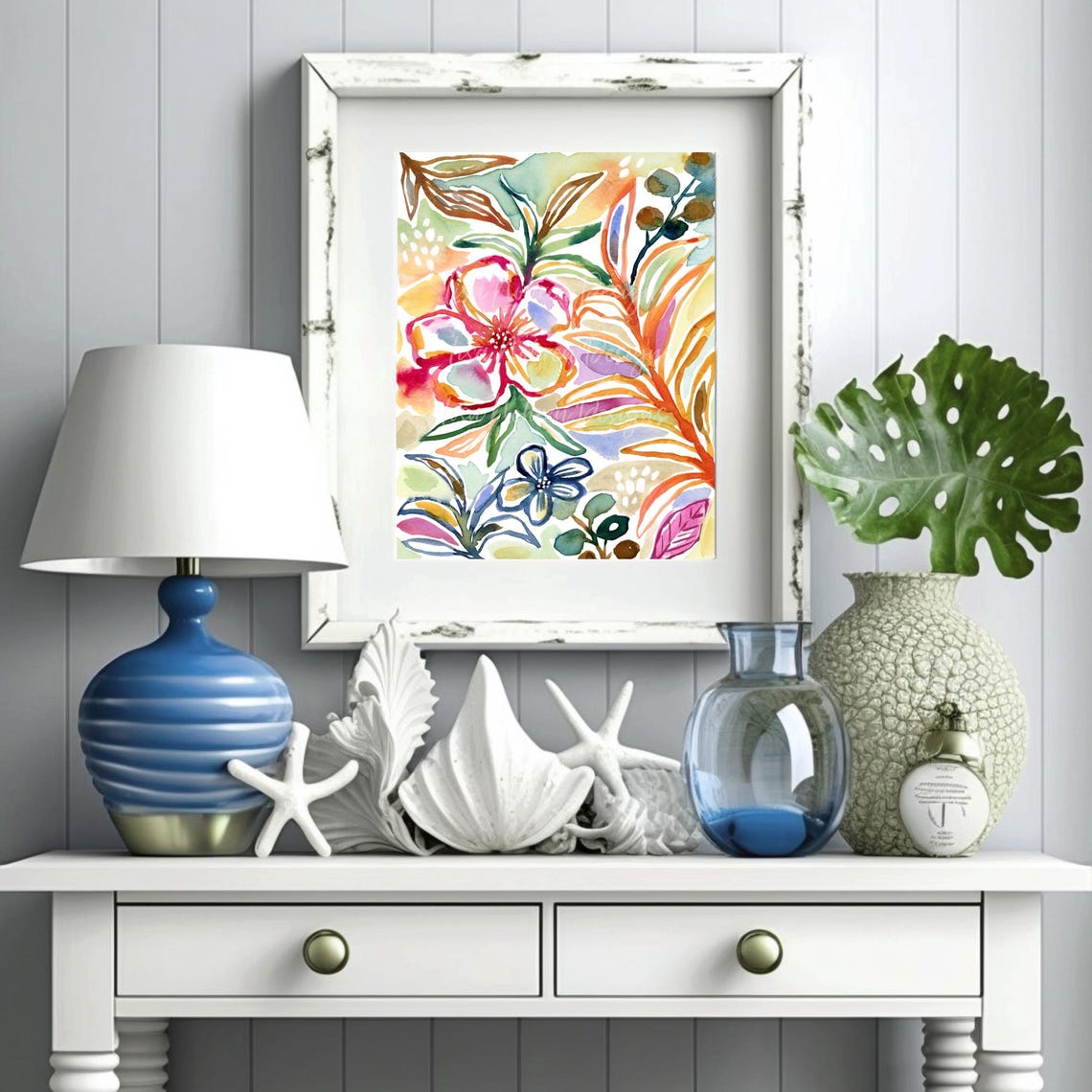 Vibrant Tropical Floral Watercolor Botanical Coastal Art Poster