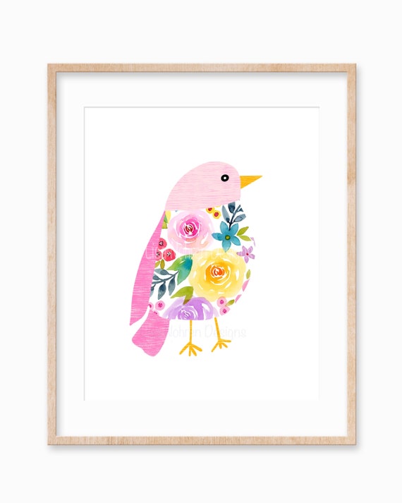 Watercolor Pink Bird Nursery Art, Floral Decor