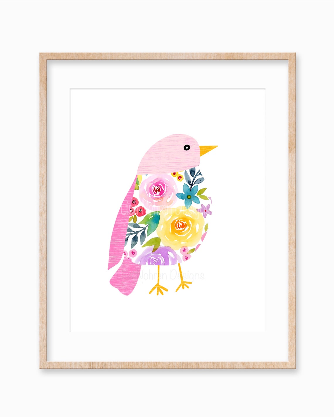 Watercolor Pink Bird Nursery Art, Floral Decor