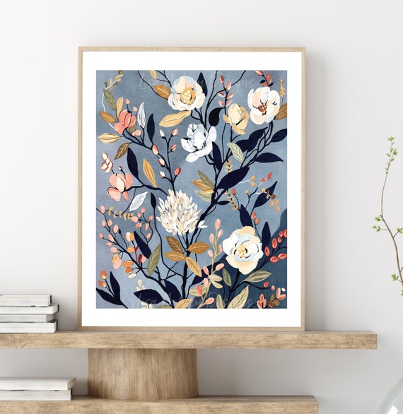Neutral Blue Floral Abstract Botanical Illustration