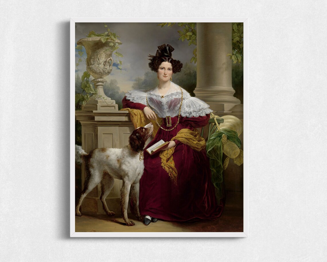 Antique Oil Painting Of Woman With Her Dog Vintage Portrait Art
