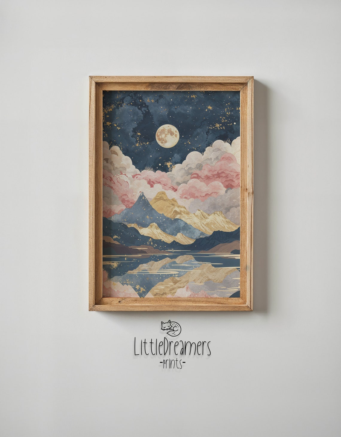 Full Moon Over Golden Mountains With Pink Clouds Celestial Poster