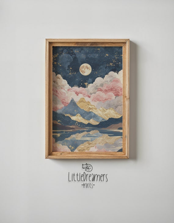 Moonlit Mountain Landscape Art Print Celestial Nursery Wall Art Kids Room Poster Stars And Moon Decor Gift