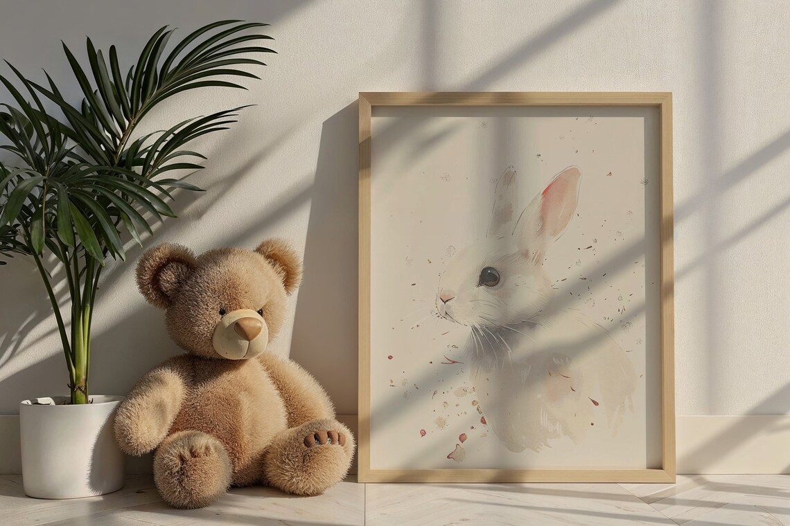 White Bunny Watercolor Portrait Minimalist Neutral Nursery Poster - Image 6
