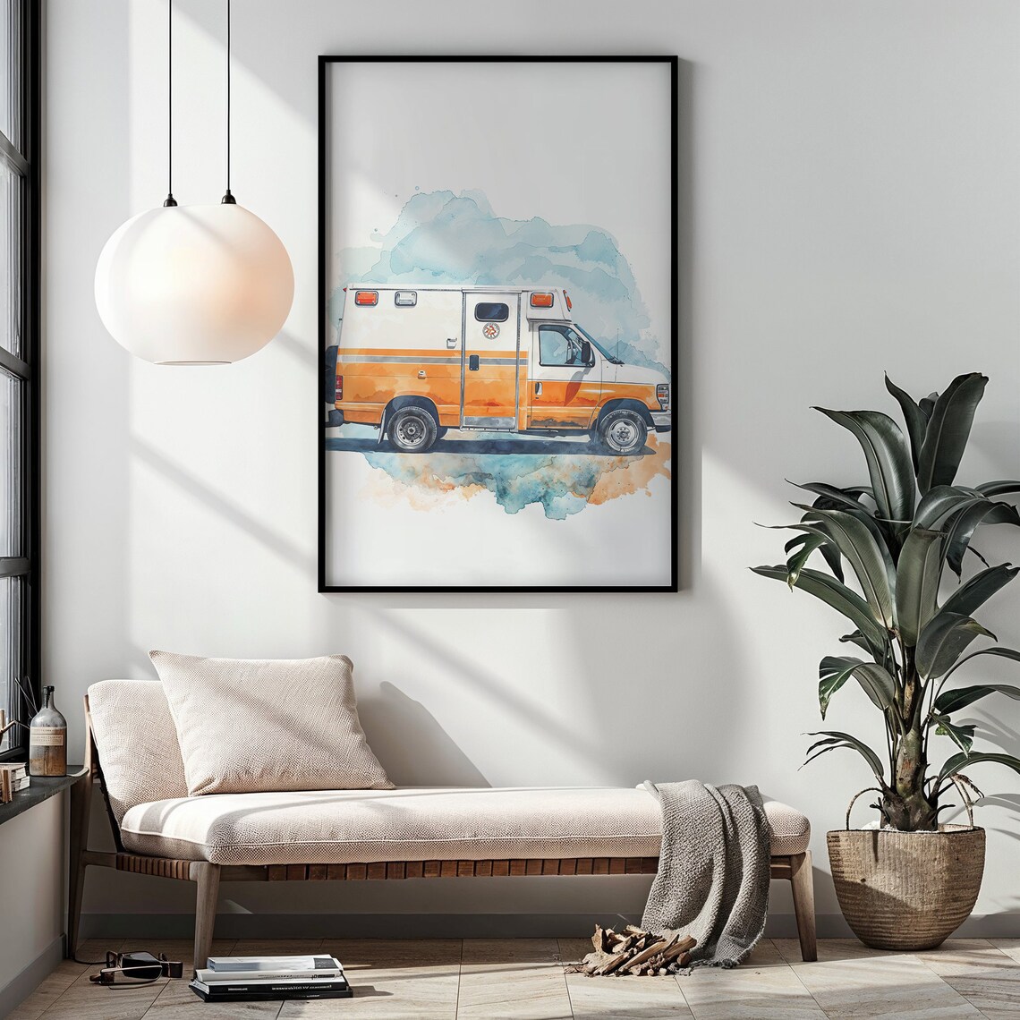 Orange Watercolor Ambulance Van Splash Art Kids Room Wall Poster - Image 6