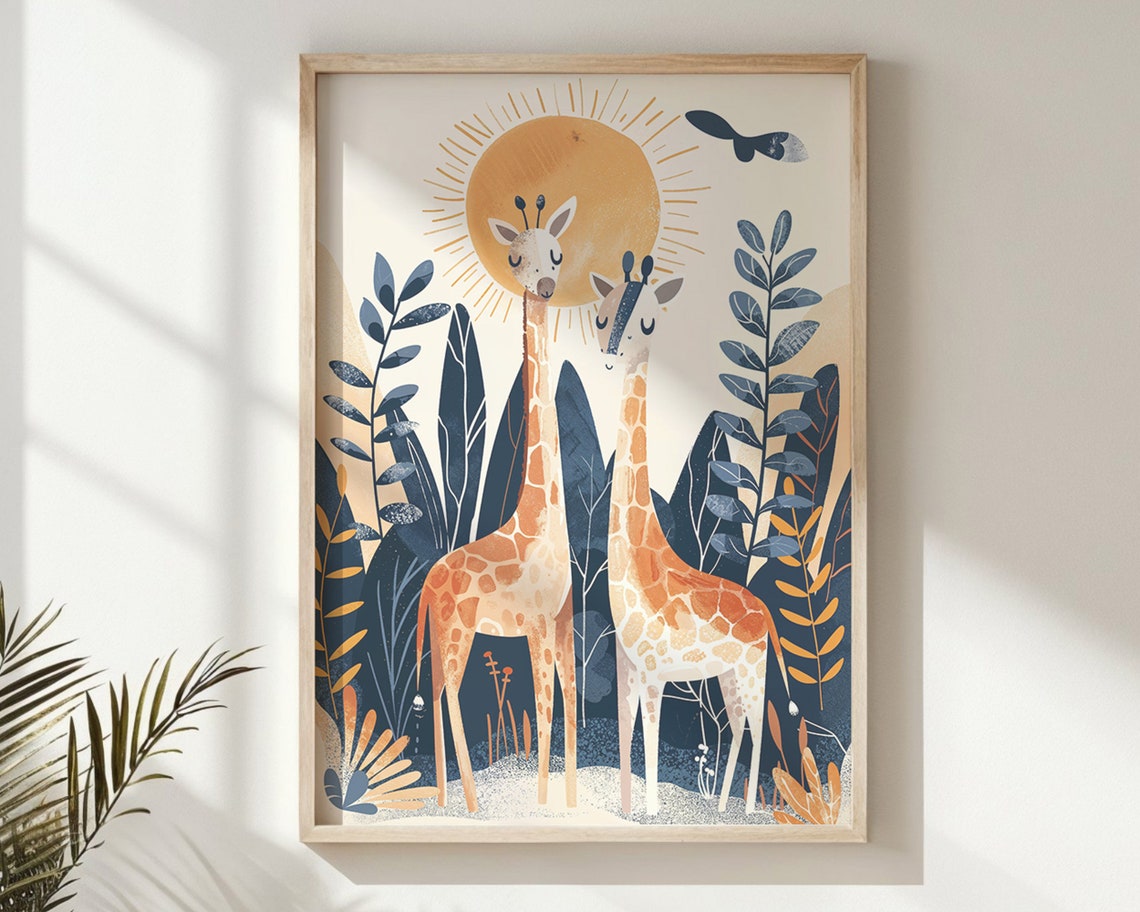 Two Giraffes Sun Nursery Poster Jungle Foliage Safari Kids Room Art