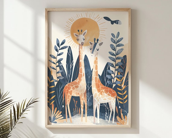 Two Giraffes Sun Nursery Poster Jungle Foliage Safari Kids Room Art