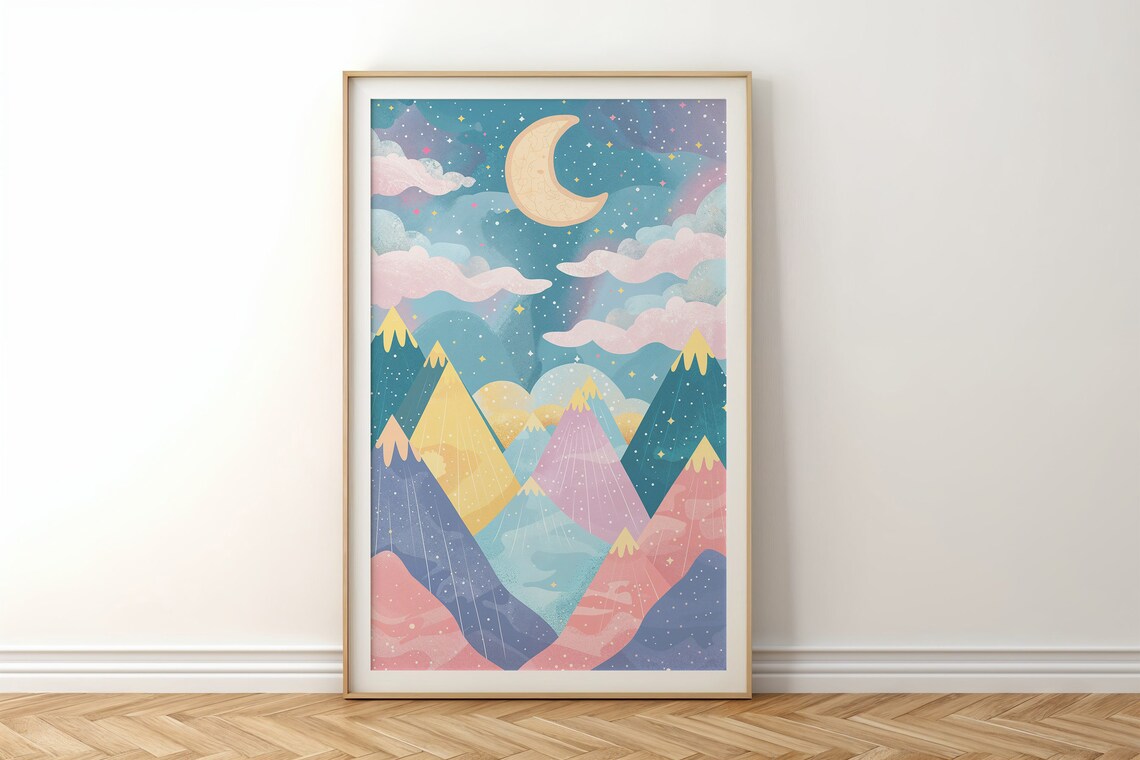 Whimsical Mountain Night Sky Moon and Stars Art Print - Image 6