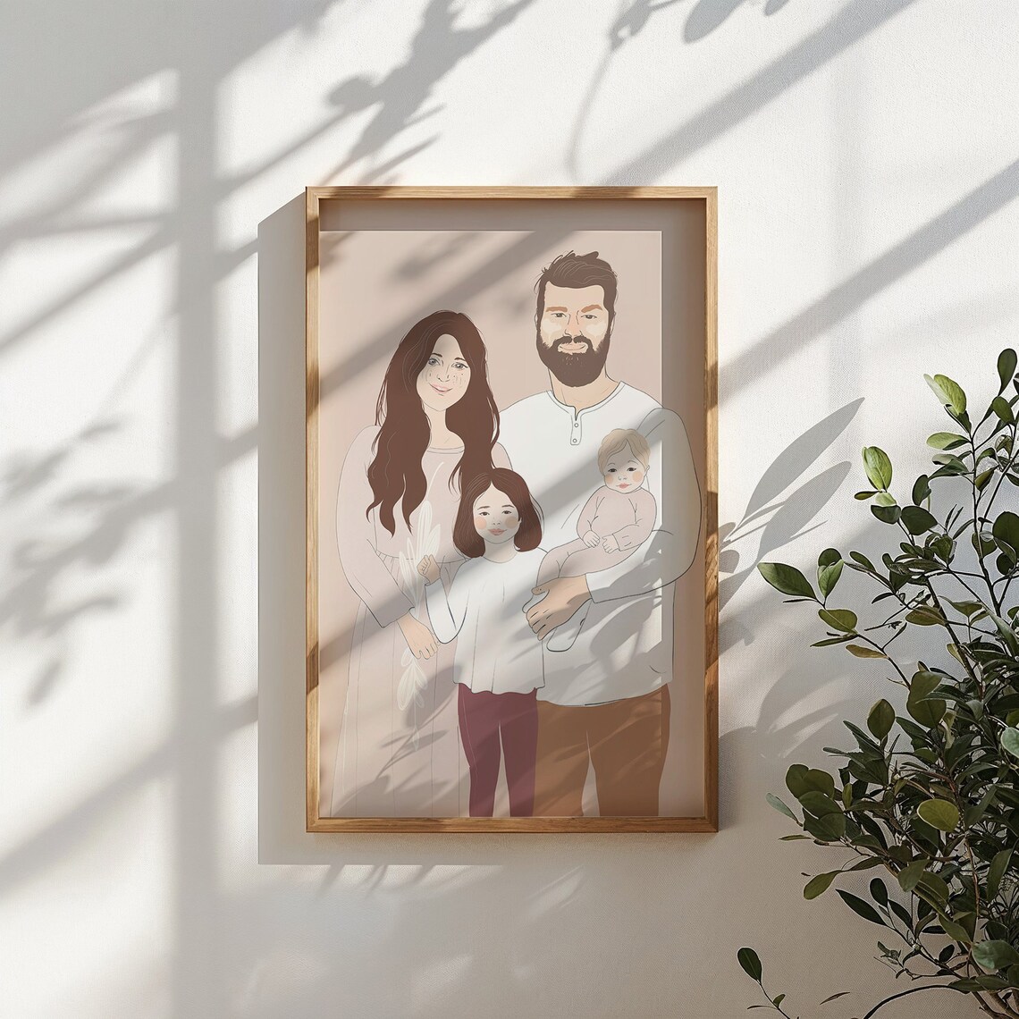 Family Of Four Line Art Portrait Mom Dad Baby Daughter Beige Wall Art - Image 4