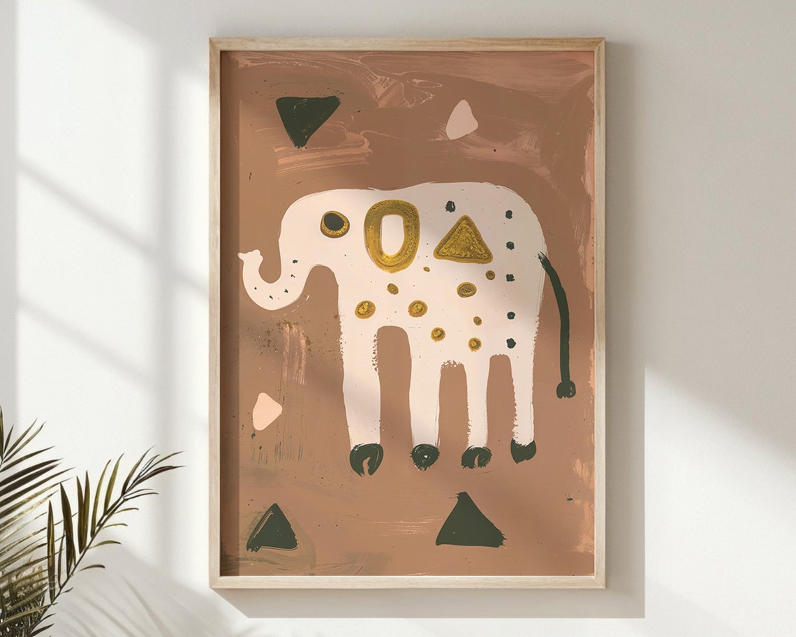 Abstract White Elephant Gold Geometric Terracotta Safari Wall Poster