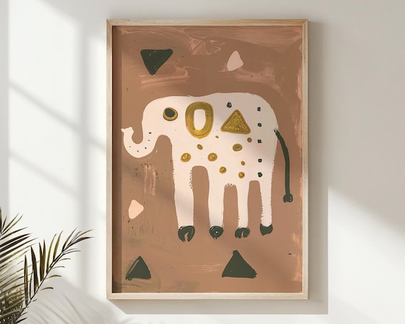 Abstract White Elephant Gold Geometric Terracotta Safari Wall Poster