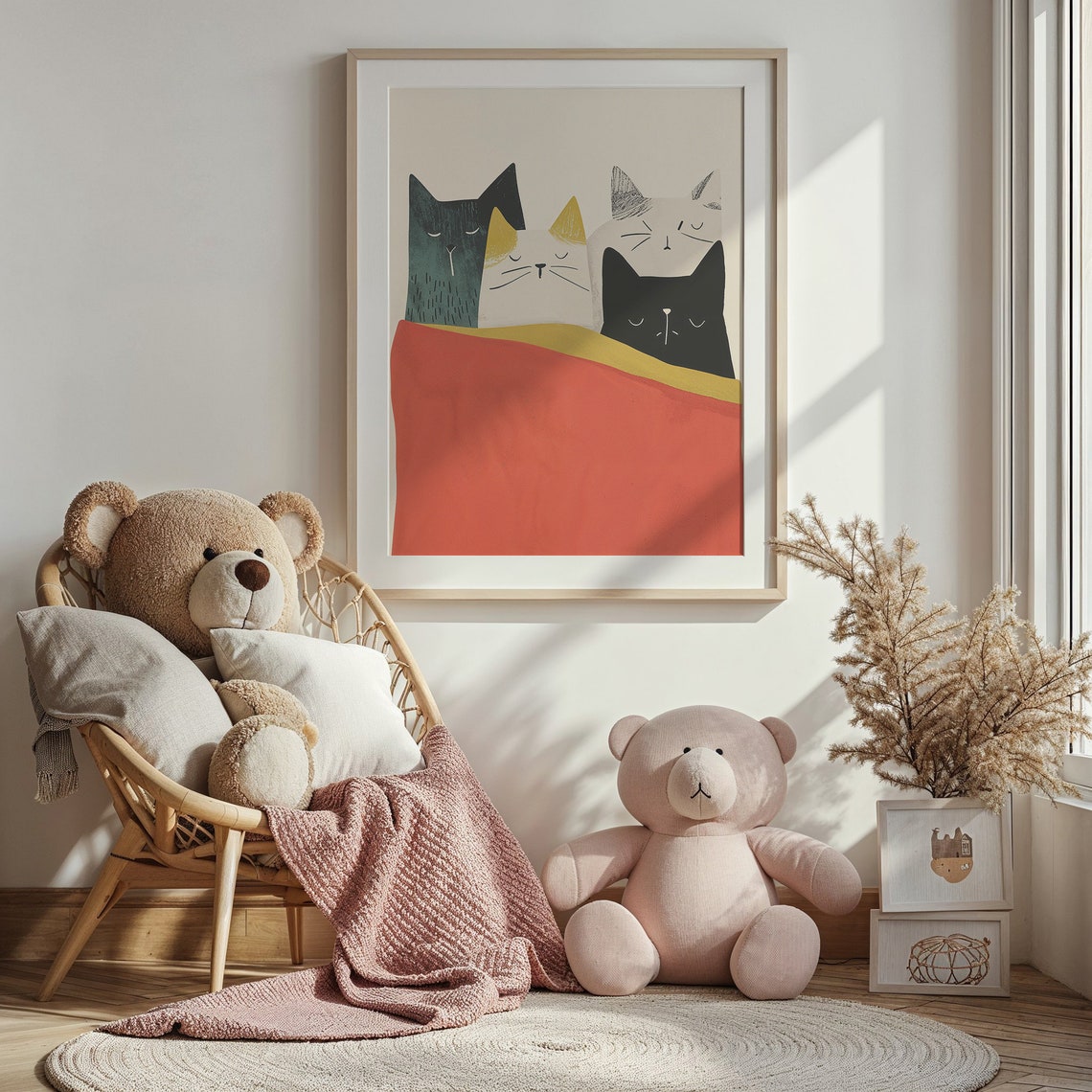 Four Minimalist Cats Tucked Under Red Blanket Nursery Poster - Image 3