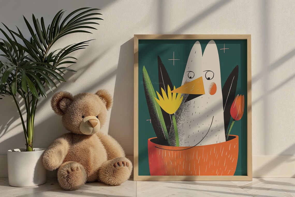 Quirky Chicken Flower Pot Tulips Bold Cartoon Kids Room Poster - Image 6