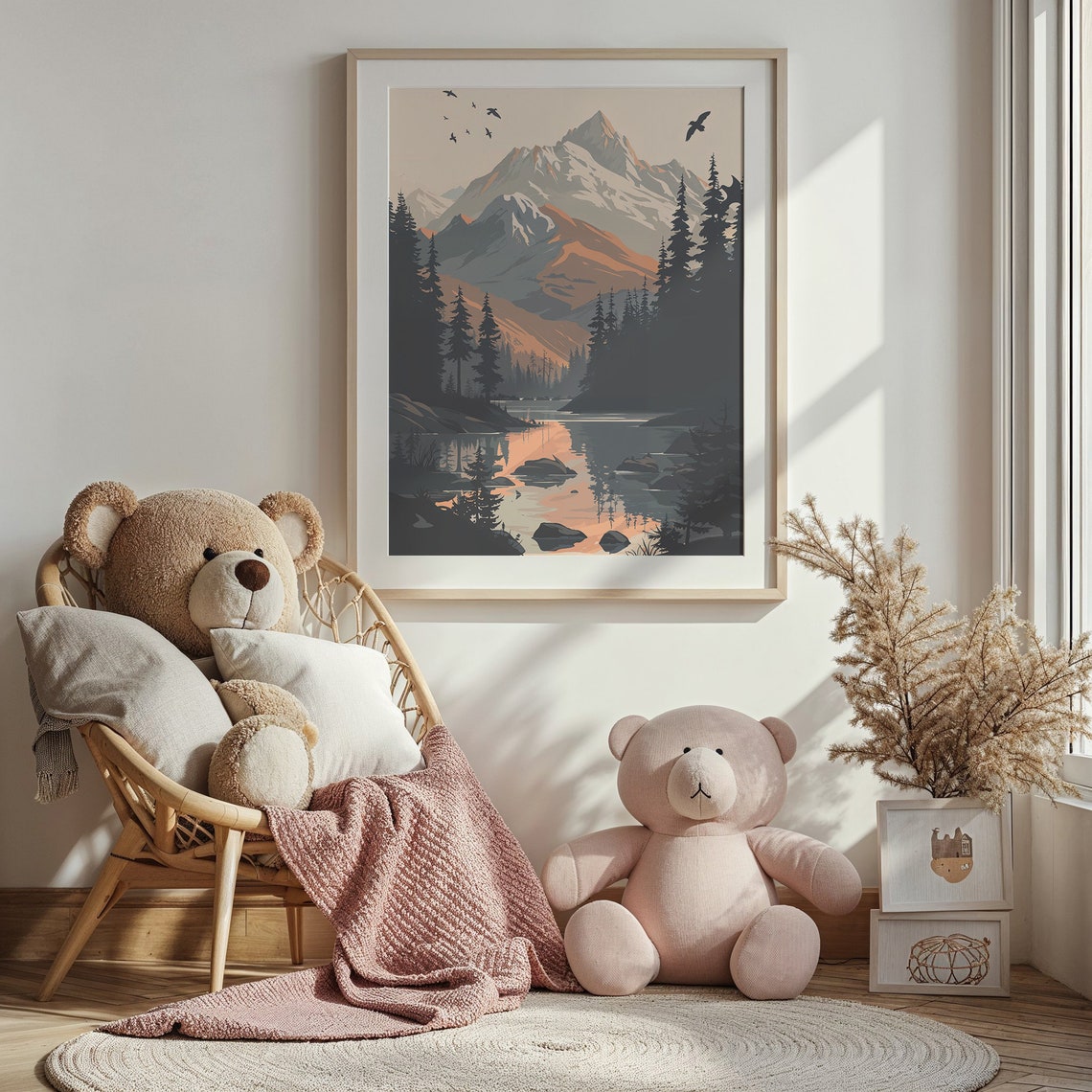 Mountain Lake Reflection Pine Forest Birds Dusk Landscape Poster - Image 2