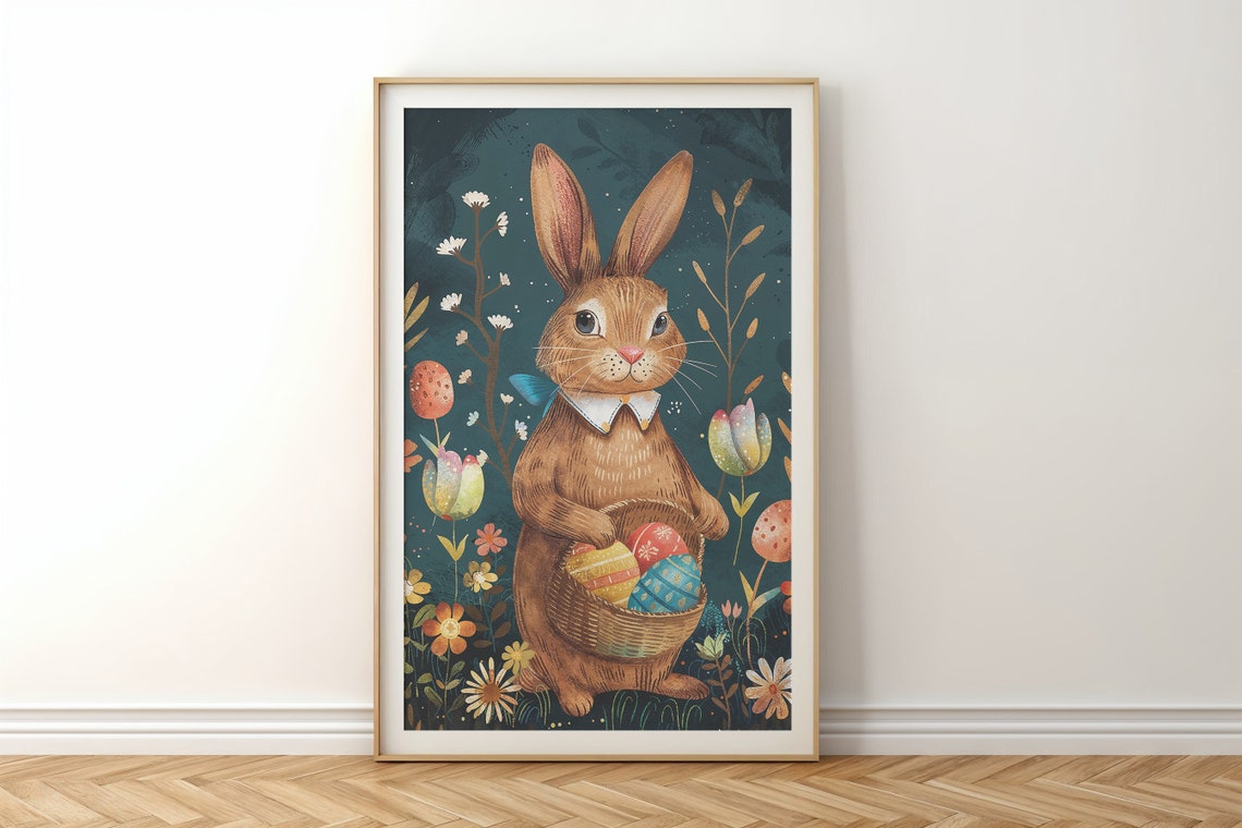 Brown Bunny Ribbon Collar Egg Basket Dark Floral Storybook Poster - Image 6