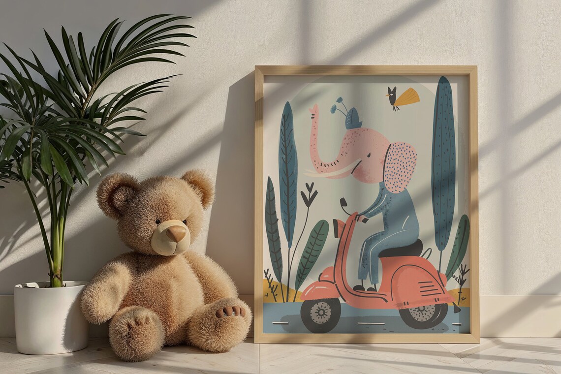 Elephant Riding Red Scooter Nursery Poster Playful Kids Bedroom Art - Image 6