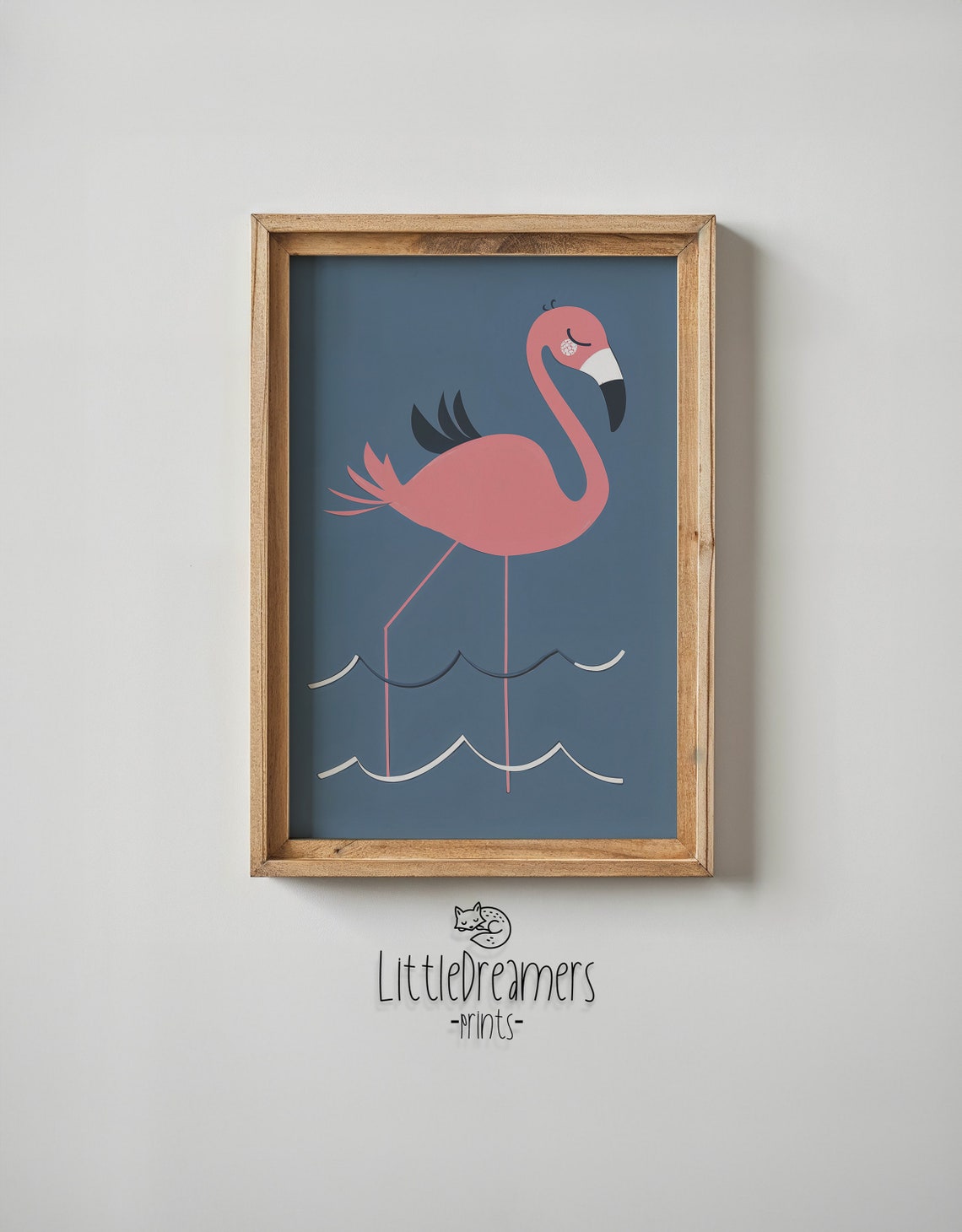 Pink Flamingo Standing In Waves Navy Blue Nursery Wall Art Poster - Image 6