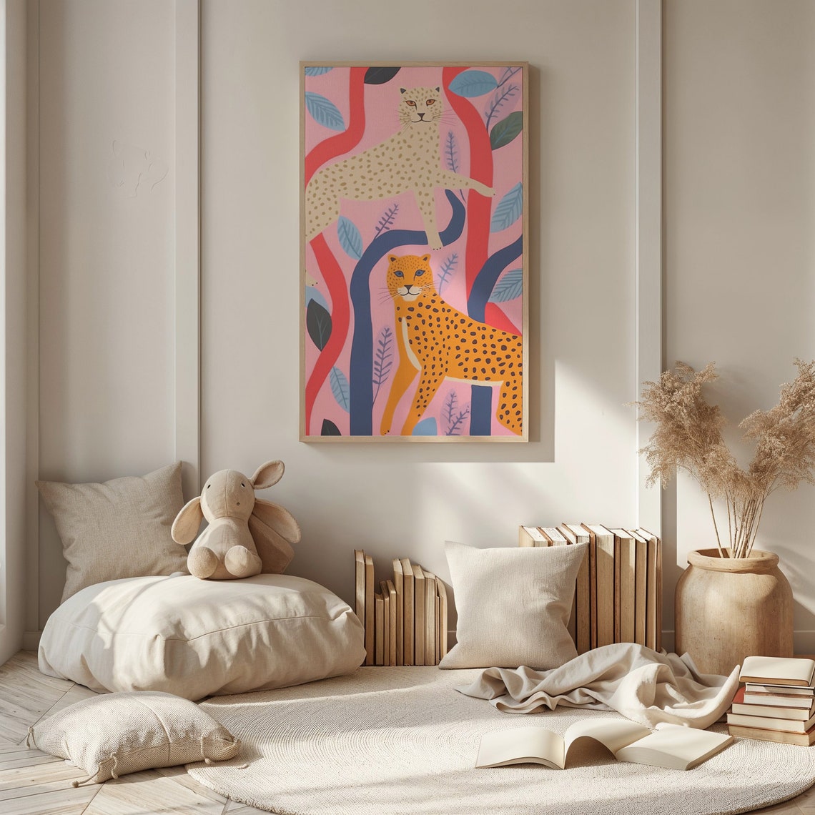 Two Spotted Big Cats Pink Abstract Jungle Branches Nursery Poster - Image 2