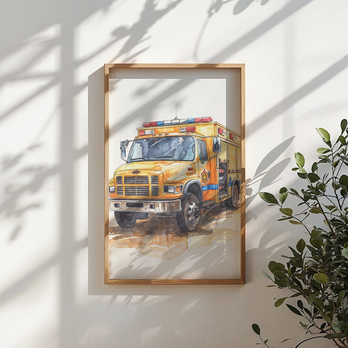 Yellow Watercolor Fire Truck Front View Kids Room Emergency Poster - Image 4