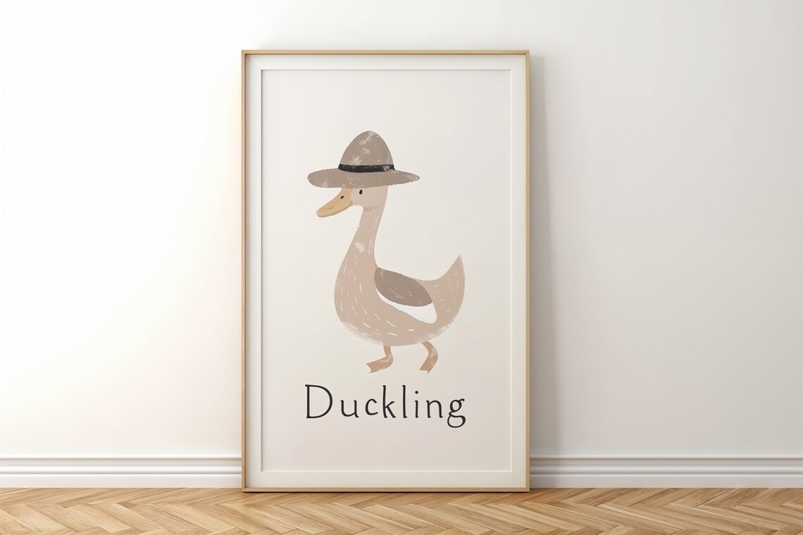 Duckling Wearing Brown Hat Neutral Tones Nursery Kids Room Art Poster - Image 5
