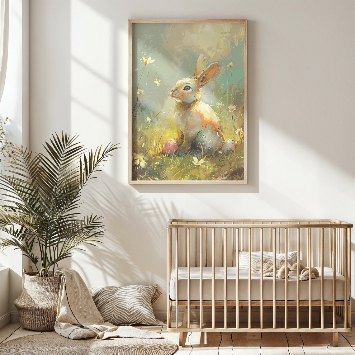 Sunny White Bunny Painterly Meadow Pink Easter Egg Nursery Poster - Image 4