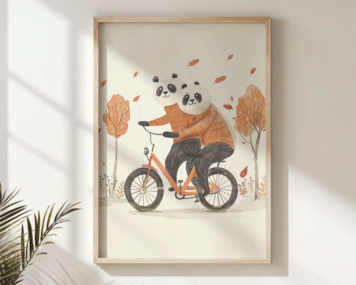 Two Pandas Riding Bicycle In Autumn Trees Watercolor Nursery Poster