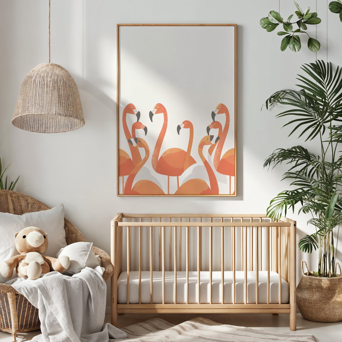 Orange Flamingos Row Airy White Space Landscape Nursery Bird Poster - Image 2