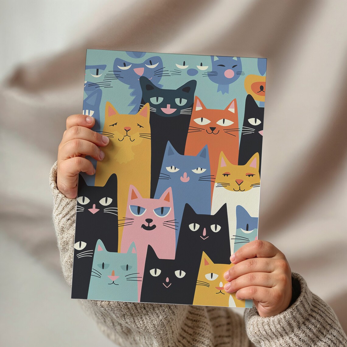 Colorful Cartoon Cat Faces Crowd Pattern Playful Kids Animal Art Print - Image 2