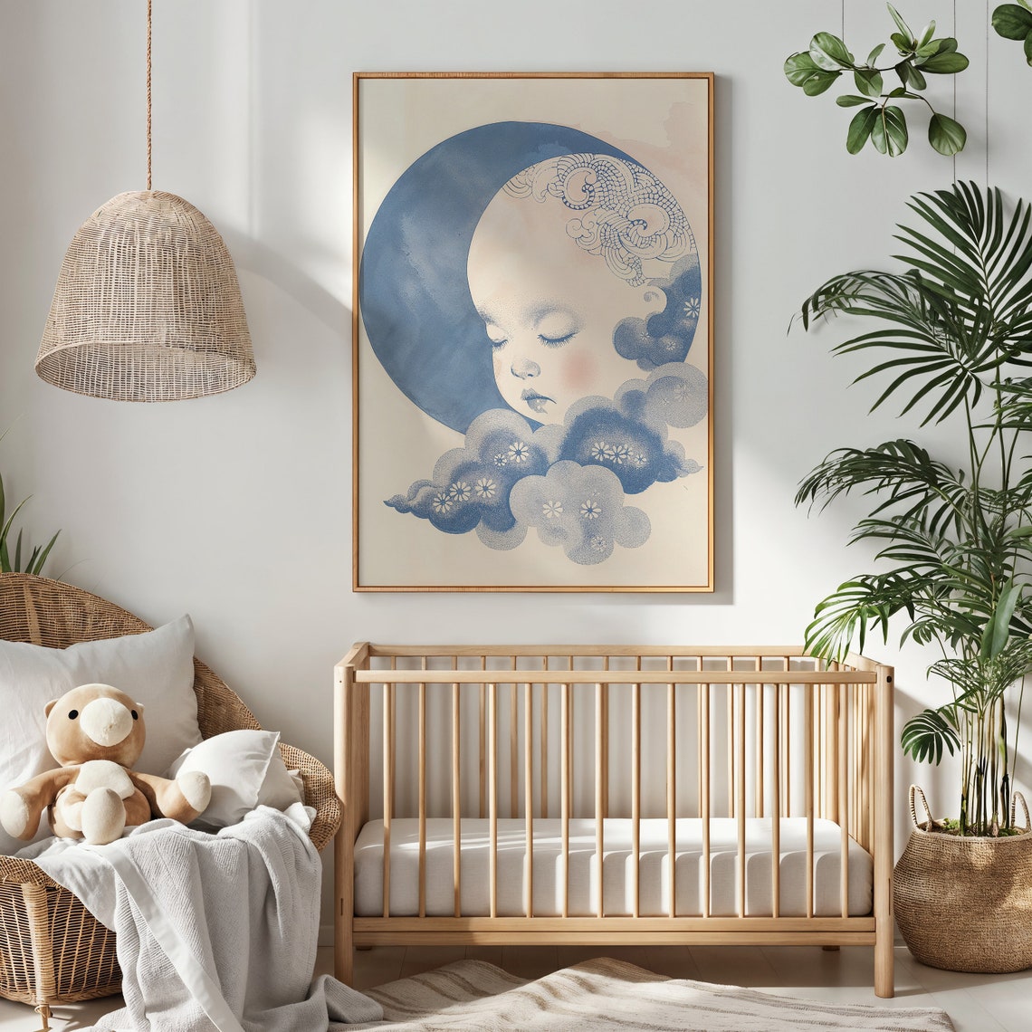 Dreamy Sleeping Baby Face On Blue Full Moon With Flower Clouds Poster - Image 2
