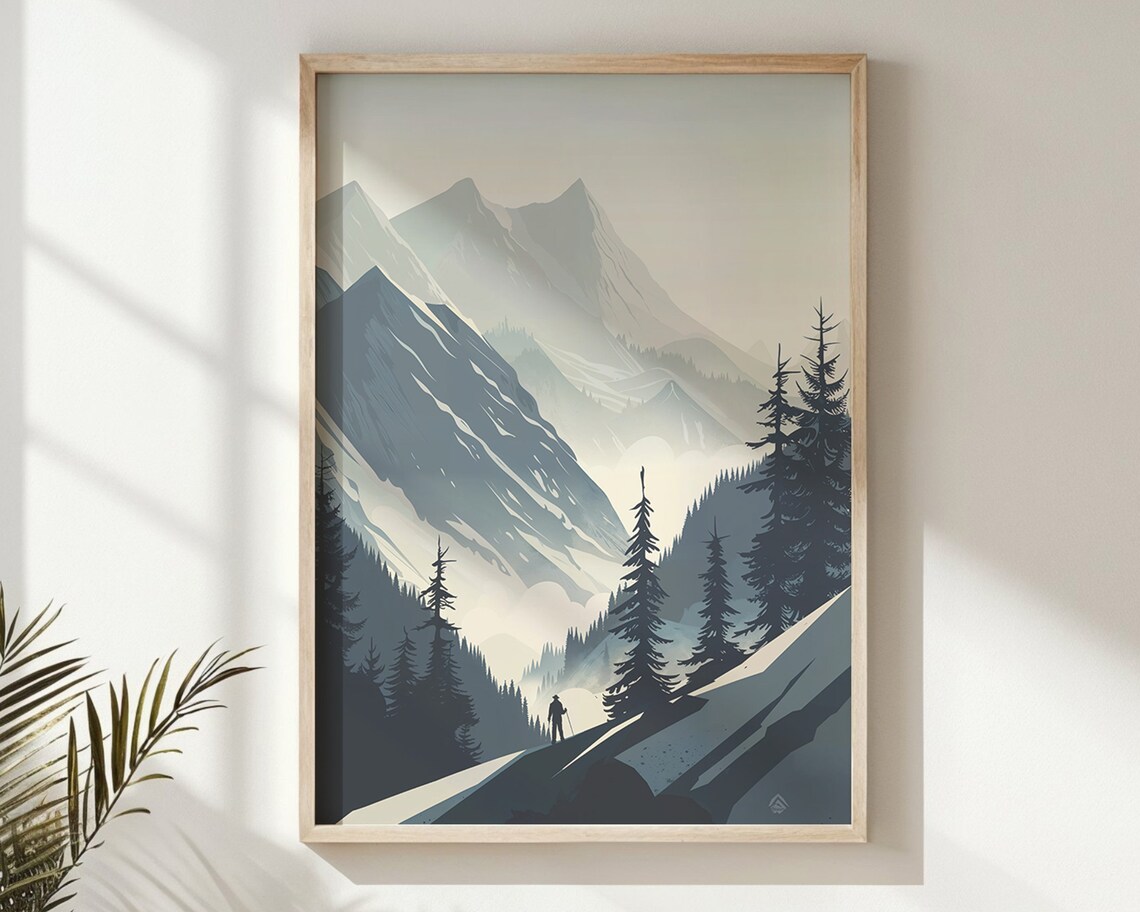 Snowy Mountain Slope Hiker Pine Forest Blue Winter Travel Poster - Image 5